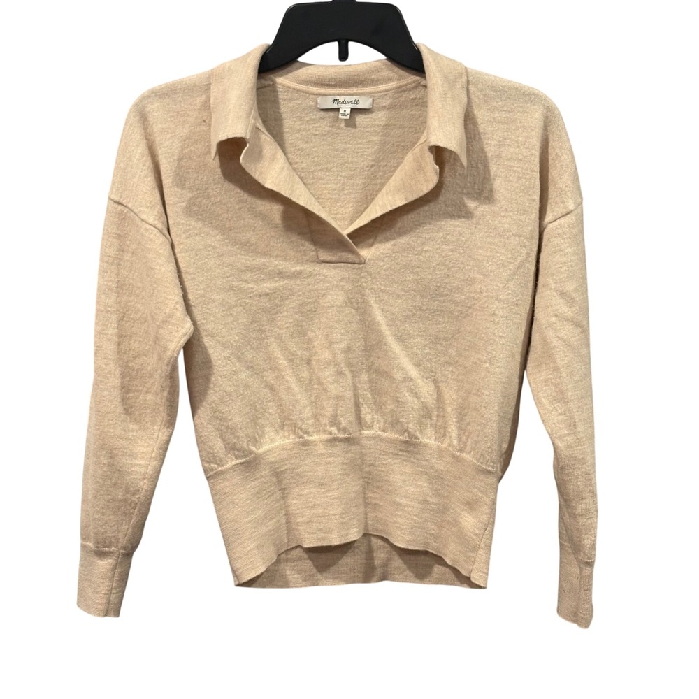 Madewell Minimalist Heather Oatmeal Merino Wool Drop-Shoulder Polo Sweater M